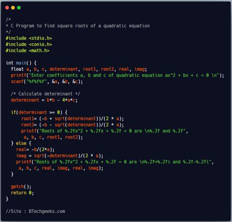 C Program For Quadratic Equation Roots