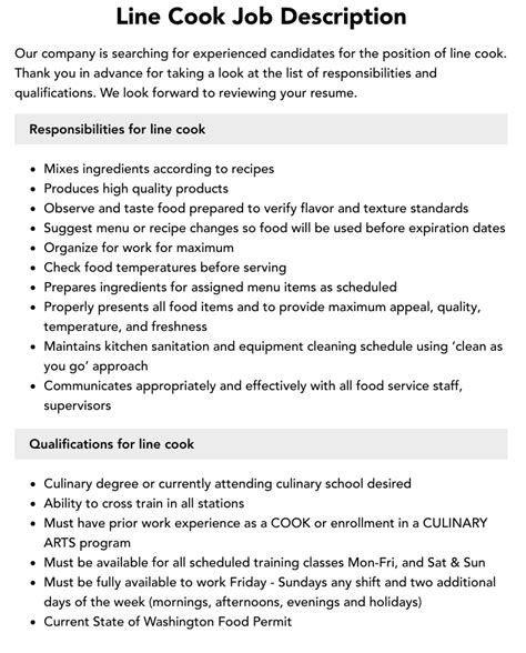 Line Cook Duties Description