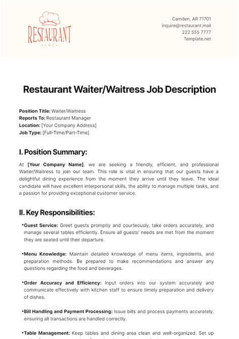 Waitress Position Description